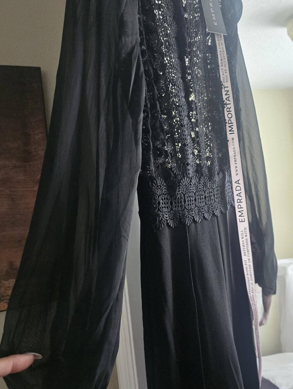 NWT Emprada Black Lace-Trim Long-Sleeve Jumpsuit
